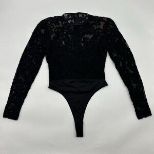 Vintage Cache Size Medium Black Lace Shoulder Pad Long Sleeve Thong Bodysuit Top